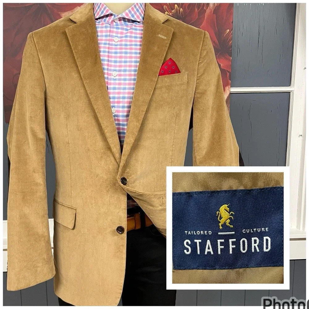 Stafford Corduroy Blazer Sport Coat Mens 44L Long Cotton Stretch Khaki Brown‎